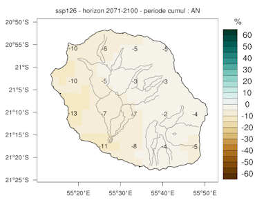 Evolution des précipitations annuelles sur La Réunion - scénario ssp126. © Météo-France