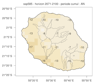 Evolution des précipitations annuelles sur La Réunion - scénario ssp585. © Météo-France