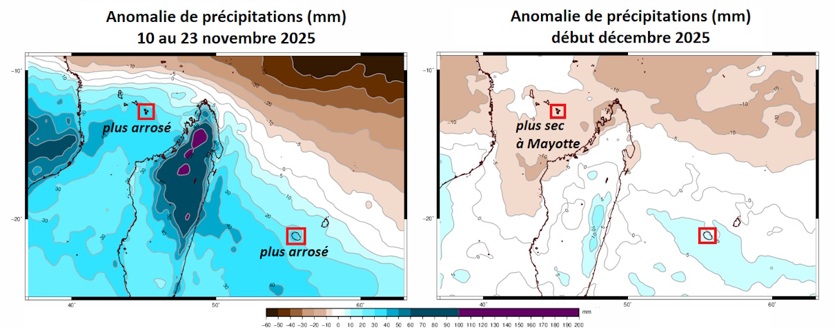 Anomalie de précipitations (mm) entre le 10 et le 23 novembre 2025