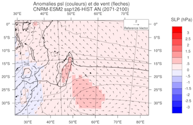 Anomalies de vent -scénario ssp126. © Météo-France