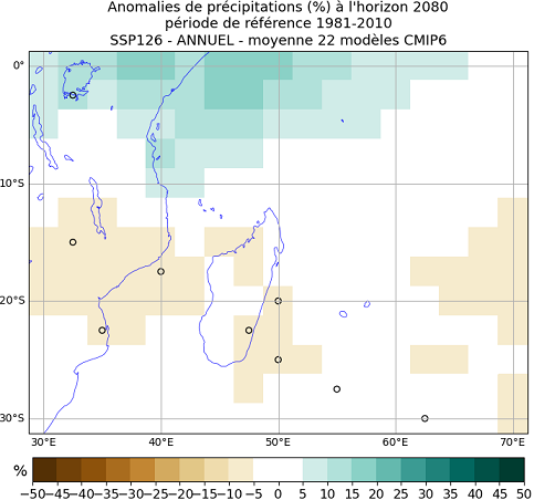 précipitations annuelles CMIP6 SSP1-2.6 Sud ouest océan Indien