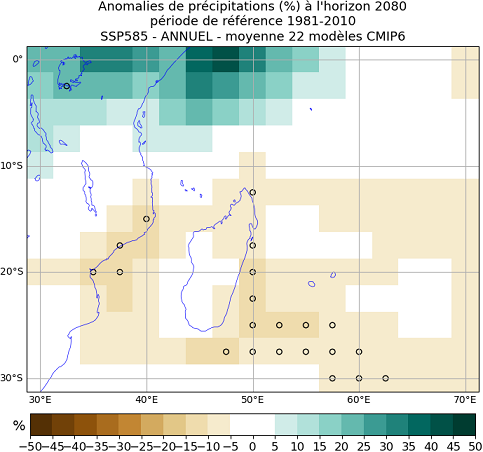 precipitations annuelles CMIP6 SSP5-8.5 Sud-ouest océan Indien 