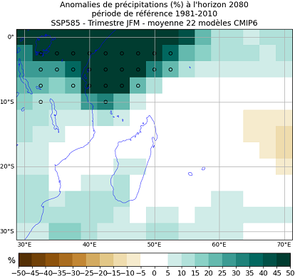 précipitations CMIP6 trimestre JFM SSP5-8.5 Sud ouest océan Indien