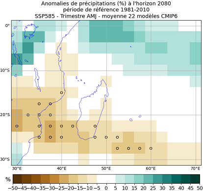 précipitations CMIP6 trimestre AMJ SSP5-8.5 Sud ouest océan Indien