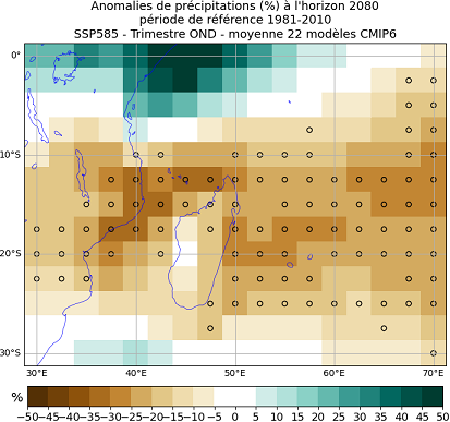 précipitations CMIP6 trimestre OND SSP5-8.5 Sud ouest océan Indien