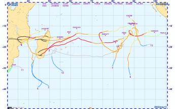 Trajectoires des systèmes cycloniques de la saison 2021-2022 Trajectoires des systèmes cycloniques de la saison 2021-2022 dans le sud-ouest de l'océan Indien