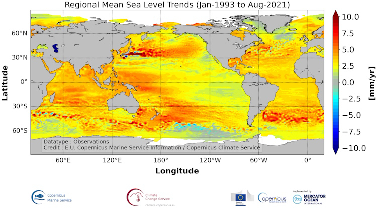 Evolution moyen di niveau de la mer entre janvier 1993 et août 2021. © Copernicus Marine Service