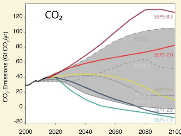 Emissions de CO2 suivant les différents scénarios. © GIEC