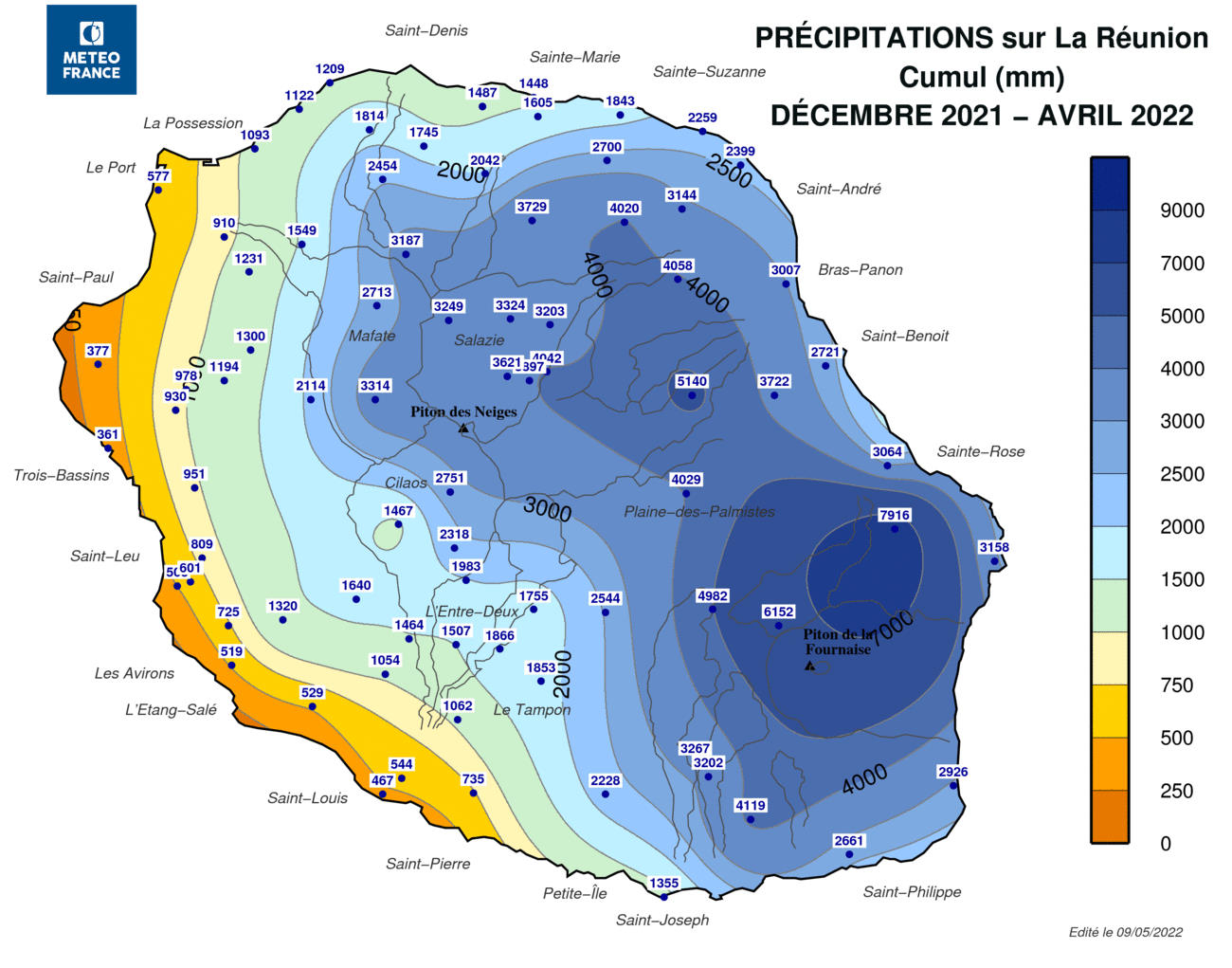 Carte des cumuls de pluie à la Réunion - Saison des Pluies 2021-2022